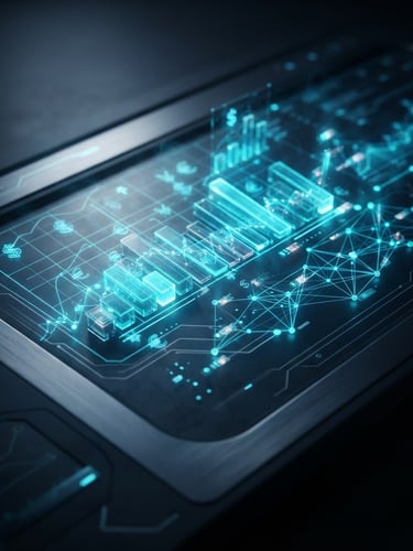 Extreme close-up of a dark sleek 3D dashboard interface showing cross-company payroll metrics and real-time ledger updates, vibrant neon cyan accents, dramatic studio lighting, octane render