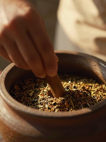 Macro close-up of hands gently stirring a ground herbal infusion in a rustic ceramic vessel, warm low-angle golden-hour sunlight, deep soft shadows, 35mm