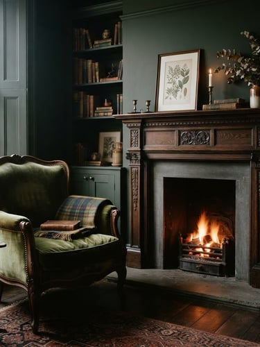 Moody editorial interior photography, natural side daylight, deep shadows, rich forest green tones, a vintage velvet chair beside a dark wood mantle, 35mm