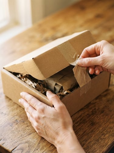 POV close-up of hands unboxing a craft cardboard package on a warm wooden table, soft natural window light, authentic 35mm photography