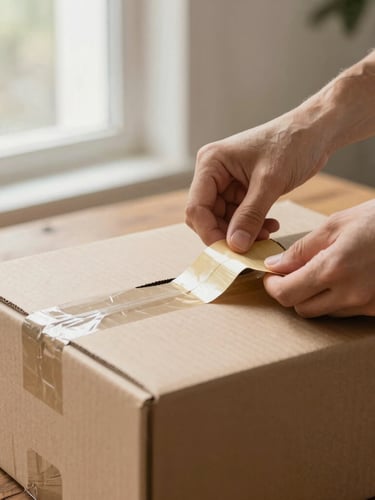 Authentic unboxing photography, hands opening a cardboard shipping box on a rustic wooden table, soft natural window light, close-up detail of hands peeling tape, 35mm lens