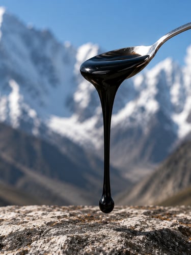 Pure Himalayan shilajit resin dripping from a metal spoon onto a rock with snowy mountains in the background.