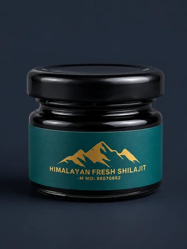 A small black glass jar of Himalayan Fresh Shilajit resin with a teal and gold mountain logo on a dark background.