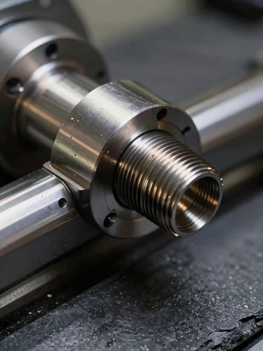 Extreme close-up of custom barrel threading on a precision lathe, metallic turnings, sharp rim lighting, dark slate background.