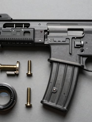 Top-down flat lay of disassembled bolt action receiver components, clean metal surfaces, high-contrast studio lighting.