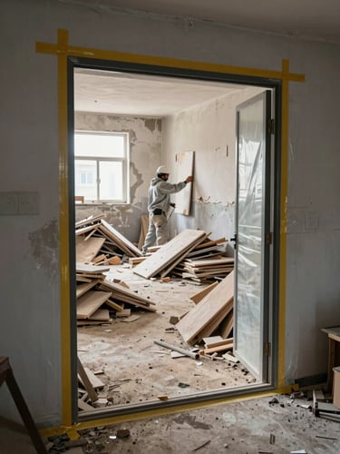 Environmental wide shot of a sealed demolition work zone, protective sheeting taped along door frames and floor edges, a worker in dust gear carefully removing wall panels, materials sorted into distinct floor piles under steady daylight from an unobstructed window, sharp focus on the containment boundary