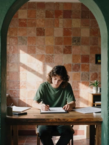 Warm editorial portrait of a designer sketching on a tablet in a sun-drenched office, rustic terracotta tiles on the wall, soft natural light, deep greens and earthy tones, architectural framing, 35mm film