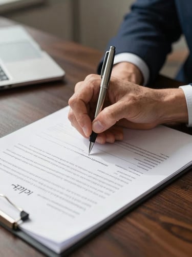 Close-up of a business owner's hands pressing pen to a loan document on a dark wood desk, natural north-facing office light falling across the paper, ink visible mid-signature, document edges sharp in foreground