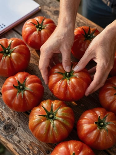 Close-up overhead of hands arranging heirloom tomatoes on a weathered wooden market table, golden hour light raking across the produce, a partial notebook visible at the frame edge