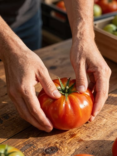 Close-up overhead view of a pair of hands pressing thumbs into a ripe heirloom tomato on a worn wooden market table, golden late-afternoon light raking across the skin of the fruit, a blurred crate of mixed produce in the background