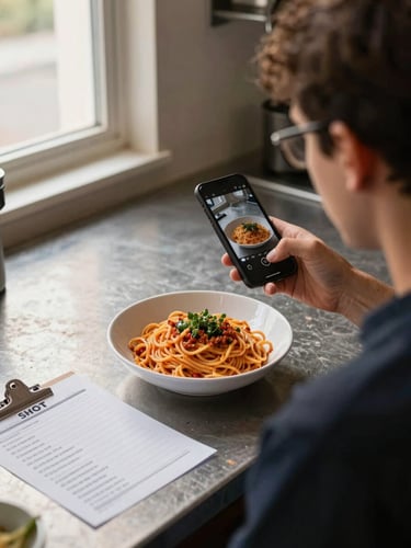 Over-the-shoulder view of an agency team member holding a smartphone above a bowl of freshly made pasta on a worn kitchen counter, a printed shot list visible on the counter beside the bowl, warm north-facing daylight from a window to the left