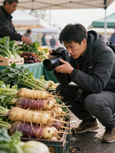 Agency photographer crouching low at a farmers market stall, phone camera aimed at a crate of just-harvested root vegetables, morning light from an open tent side, a vendor's hands visible in the background arranging bundles of kale