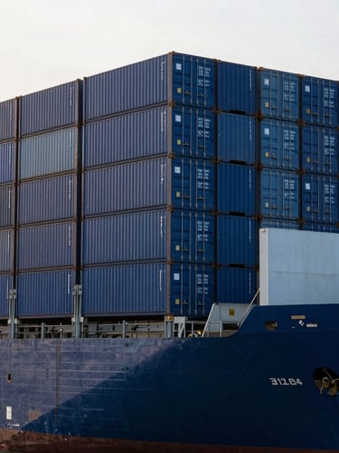 Wide-angle industrial port at dawn, deep blue shipping containers stacked neatly on a cargo vessel, cool daylight-balanced lighting, 35mm crisp commercial photography