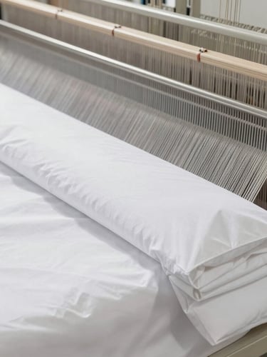 Close-up of modern industrial loom weaving crisp white hotel bed sheets, focus on the textile weave texture, bright daylight, professional corporate aesthetic