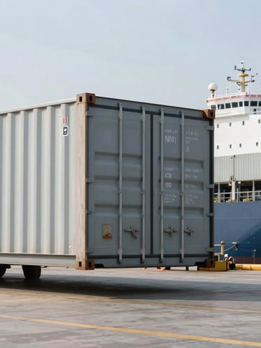 A close-up of a large steel shipping container being loaded onto a modern cargo vessel at a busy maritime port, bright daylight, cool neutral tones.