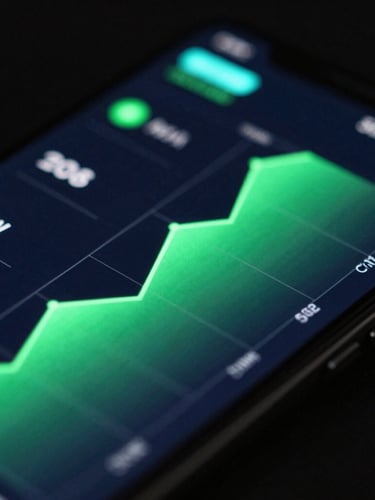Macro close-up of a high-fidelity Android smartphone screen displaying a sleek dark-mode system dashboard with glowing green performance graphs, neon cyan accents, dark ambient lighting, 35mm