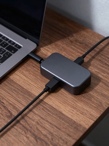 Top-down flat lay of an organized modern wooden desk with a black laptop, sleek charging dock, and neat cables, cool high-contrast studio lighting.