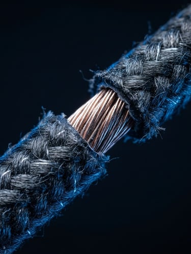 Tight macro crop of a braided nylon USB-C cable with a reinforced copper core, crisp studio lighting, subtle blue ambient fill, dark background.