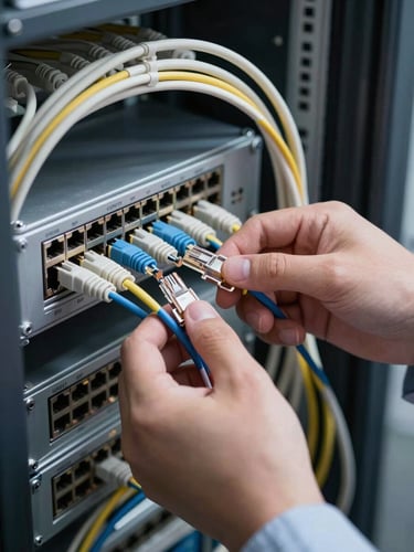 Close-up of a technician's hands routing ethernet cables into a patch panel inside a network closet, cool studio strobe lighting, labeled ports visible, clean organized cable management in the background