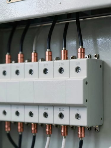 Close-up of a perfectly wired industrial electrical panel, clean copper connections, high-contrast technical lighting, sharp focus, 35mm lens