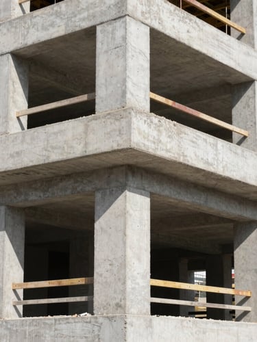 Crisp industrial photography, a modern concrete building under construction with exposed pillars, bright natural daylight, sharp focus, 35mm lens
