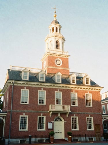 Historic brick town hall under soft golden morning light, classic colonial architecture, 35mm film look