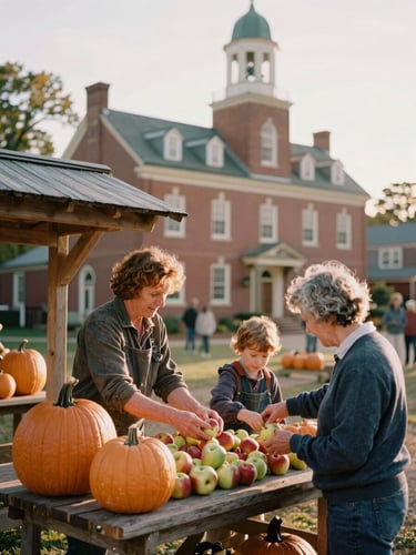 Candid medium shot of families picking apples and pumpkins at a rustic wooden stall, warm golden hour light, historic brick town hall visible in the soft-focus background, 35mm film look