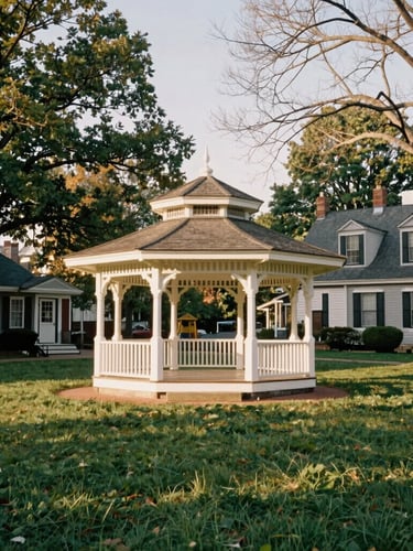 A leafy green town common in New England during crisp golden hour, historic white gazebo in the center, soft long shadows on the grass