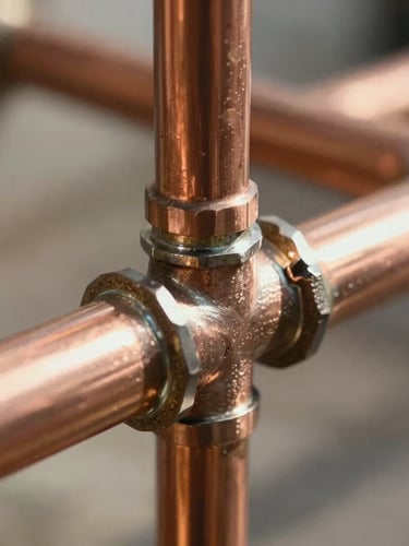 Tight macro shot of copper pipes with clean solder joints, illuminated by bright natural daylight, showing professional plumbing craftsmanship.