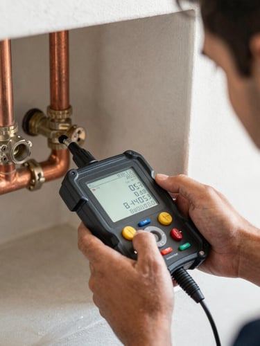A close-up shot of a professional technician using an acoustic leak detection device on copper water pipes inside a Dubai building, natural bright utility light, sharp focus on the digital screen