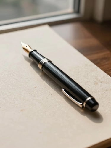 Cinematic medium shot of a fountain pen resting on a heavy textured paper document, soft natural light from a high-rise window, shallow depth of field, warm travertine tones.