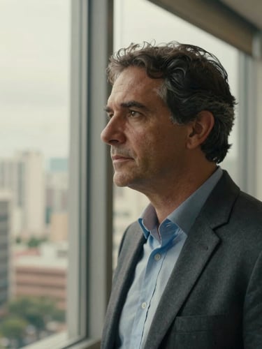 Cinematic medium close-up of Marcelo Motta in a high-rise office in São Paulo, looking thoughtfully out a window, soft natural light, warm travertine tones, high depth of field.