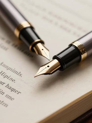 Cinematic close-up of a fountain pen resting on a thick, high-quality legal document, soft side lighting, shallow depth of field, warm tones.