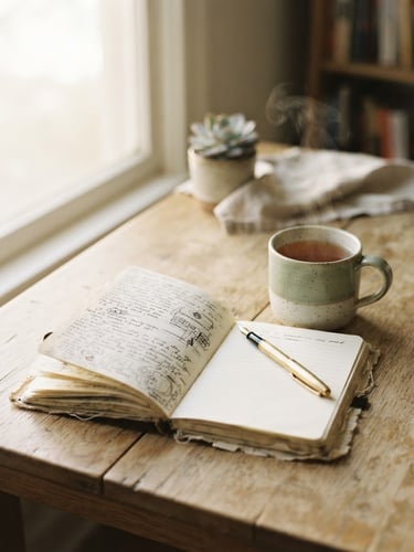 Un cuaderno abierto y una taza de té humeante sobre una mesa de madera clara, iluminados por la luz suave de la mañana, transmitiendo introspección y calma.