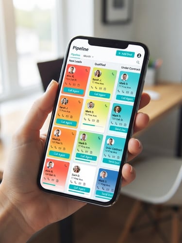 High-fidelity mobile CRM software mockup showing a clean real estate pipeline with heat-mapped lead cards, vibrant turquoise accents, bright daylight, professional software photography
