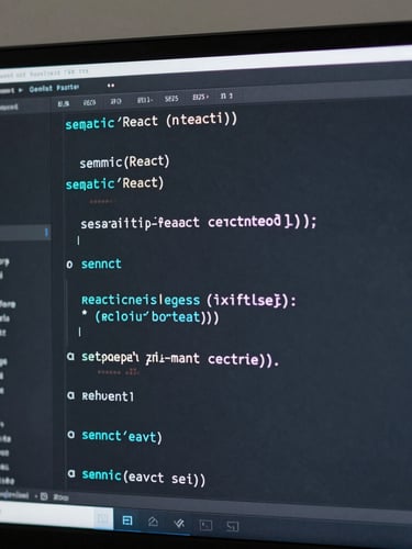 Macro shot of a high-contrast code editor on an ultra-wide monitor, sharp focus on clean semantic React and database query code, cool-toned slate background with subtle electric cyan highlights, shallow depth of field