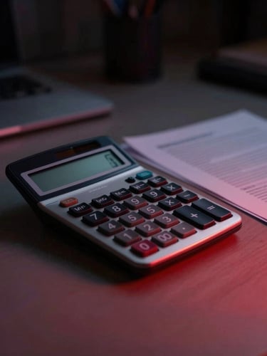 Moody cinematic photography of a modern, uncluttered workspace with a calculator and documents, dramatic low-key lighting, deep shadows, a subtle red gradient overlay, sharp 35mm
