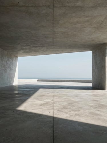 Extreme wide shot of a minimalist concrete pavilion interior, stark geometric shadows cast by midday sun on polished concrete floor, perfectly leveled horizon.