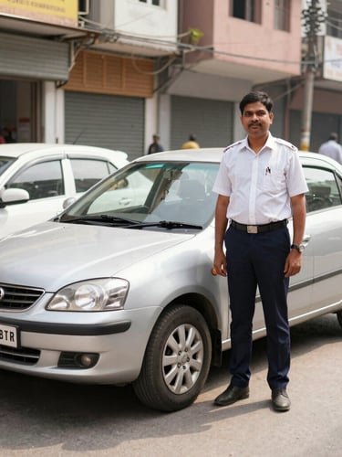 A professional driver in a neat uniform standing next to a sparkling silver sedan, parked near the historic Golghar in Patna, natural daylight, medium shot.