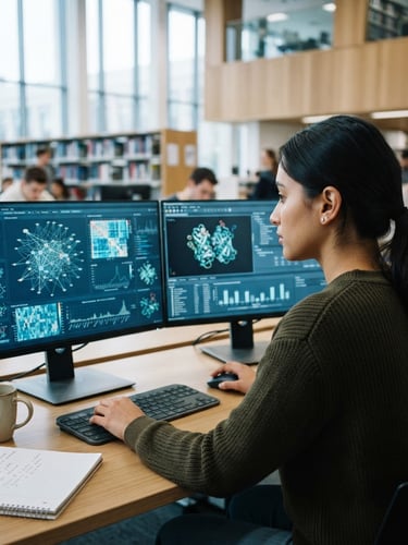 Over-the-shoulder shot of a focused researcher analyzing complex data visualizations on a dual-monitor setup in a bright, modern university library, cool daylight, 35mm