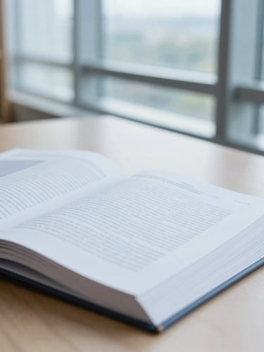 Close-up of an open academic journal on a clean wooden desk, bright cool daylight streaming through a modern library window, crisp focus, 35mm