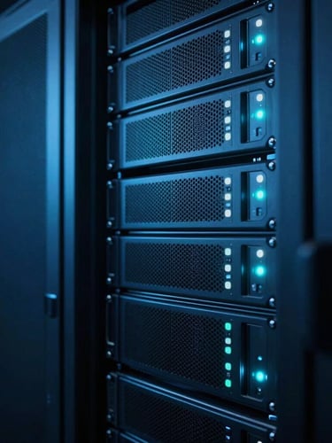 Sleek technical photography, cool ambient server room lighting, deep blue and electric cyan tones, sharp macro focus on neatly organized server racks with glowing status lights.