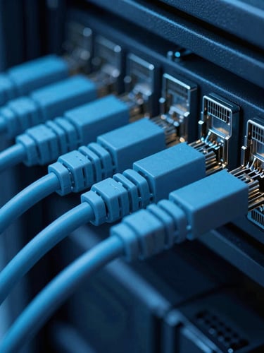 Sleek technical photography, close-up of high-performance networking cables neatly routed in a server room, cool cyan and deep blue illumination