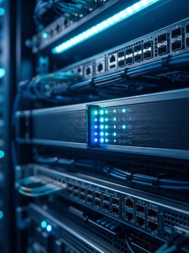 Sleek technical photography, macro focus on glowing server rack status lights, deep blue and electric cyan ambient lighting, sharp geometric lines