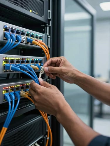 A medium-close view of an IT engineer's hands organizing blue and orange Cat6A network cables into a server rack inside a modern, clean Liberian server room, illuminated by cool LED indicators and natural window light.