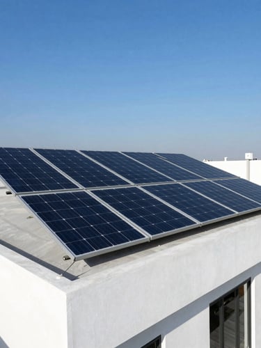 A modern residential villa rooftop in Faisalabad under bright afternoon sunlight, featuring premium monocrystalline solar panels neatly aligned, deep blue sky, crisp architectural photography.
