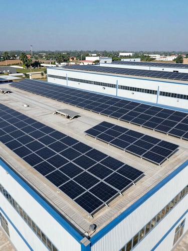 Wide aerial drone shot of a modern Pakistani industrial textile factory rooftop fully covered in high-grade solar panels under bright direct sunlight