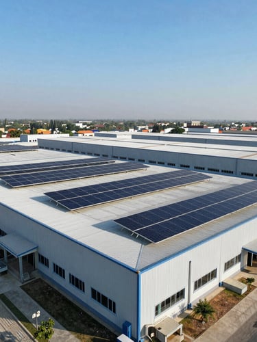 Wide aerial drone shot of a sprawling solar panel installation covering a massive modern textile mill roof in Faisalabad, bright afternoon sun reflecting off dark blue cells under a clear sky