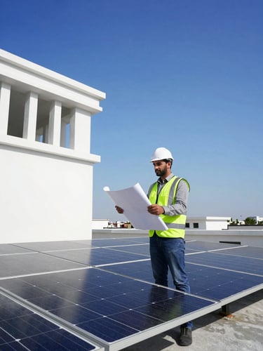 A certified Pakistani electrical engineer in safety gear holding a blueprint on a bright sunny rooftop next to high-capacity solar panels, deep blue sky, crisp architectural photography