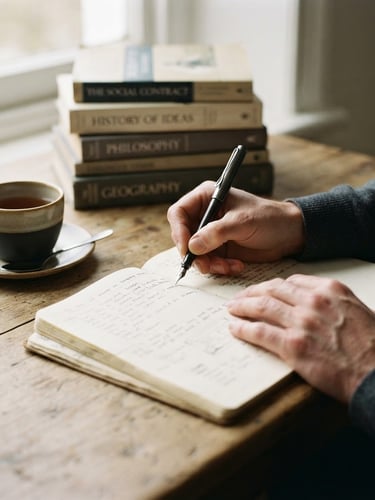 A close-up portrait of hands writing in an open notebook with a pen, surrounded by academic books and a cup of tea, on a quiet wooden desk bathed in soft diffused north-facing daylight, minimalist editorial photography, 35mm film grain, shallow depth of field, positioned to the right.